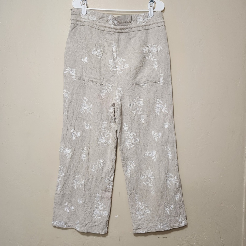 House of Harlow 1960 Beige Embroidered Pants Floral Size Large Linen Blend